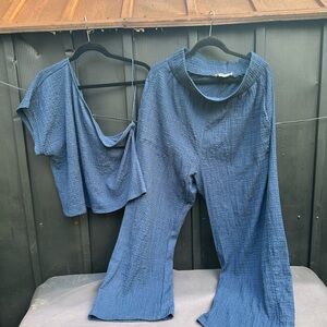 Blue Off the Shoulder Women's Two Piece Set Jumpsuit